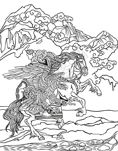 青海湖牵马的人用金鹰在马上打猎 黑白插图画插画