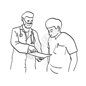 男性专业医生和助理在讨论任务时 用医疗图表图说明从白背景线艺术中分离的矢量手来解析背景图片