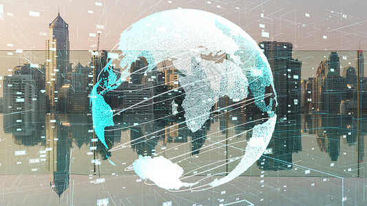智能城市的全球连接和互联网网络的改变在智能城市速度基础设施建筑商业交通人工智能技术手机全球化数据无线上网高清图片素材