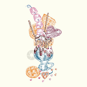 怪物奶昔甜点 孤立的背景 手绘彩色线条艺术 素描风格巧克力 甜甜圈 冰淇淋 糖果 饼干 棉花糖餐厅 咖啡厅 酒吧 菜单矢量设计玻插画