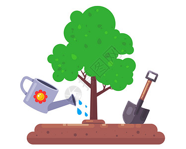 种一棵天然的树 铲子和浇水罐 用于园圃 水厂插画