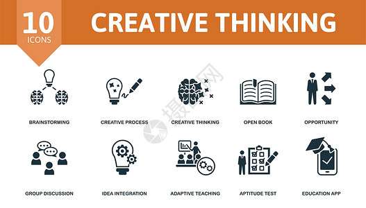 创造性思维设置图标 可编辑图标创造性思维主题 如头脑风暴 创造性思维 机会等网络解决方案商业灯泡知识技术项目互联网思考力量设计图片
