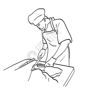 端着粽子厨师男性厨师笑着用刀子在切肉区块上吃肉 将白色背景线艺术所隔离的矢量插图手画出来设计图片