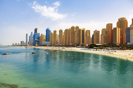 迪拜Jumeirah海滩居民点海滩全景建筑奢华旅游地标假期天空码头景观晴天长廊民众高清图片素材