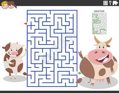 行业解决方案带卡通母牛和小牛的迷宫游戏插画