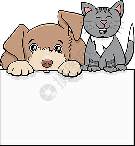 卡斯罗犬带空白招牌图形设计的卡通小狗和猫插画