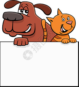 卡斯罗犬带空白卡片图形设计的卡通小狗和猫问候横幅虎斑宠物犬类招牌邀请函木板框架绘画插画