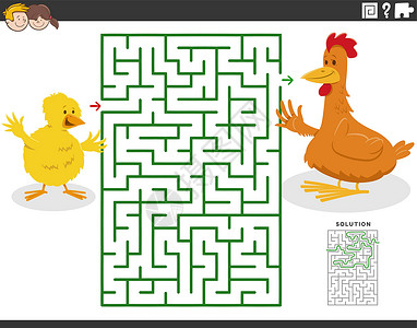 鸡妈妈和鸡宝宝与卡通母亲母鸡和小妞玩迷宫游戏插画