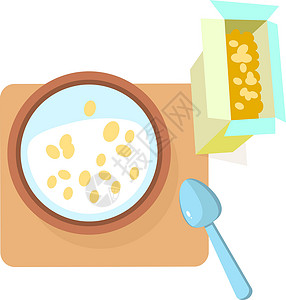 燕麦牛奶谷物图标 纸盒和牛奶碗 经典早餐食品设计图片