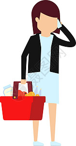装食物的篮子妇女拿着商店篮子和电话交谈设计图片