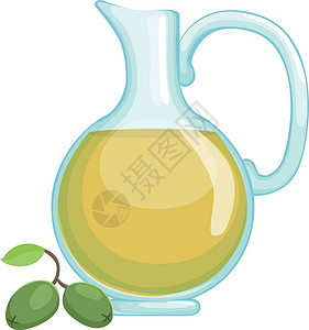 宜家风玻璃水壶橄榄油图标 玻璃罐中处女新鲜健康产品插画