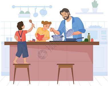 厨房乐趣父亲和孩子准备汤 家庭一起做饭 男人在厨房做饭 吃晚饭 在家吃饭 在餐桌上吃饭 矢量图插画