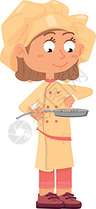厨师调料女孩在煎锅里调料食物 可爱的卡通厨师孩子设计图片