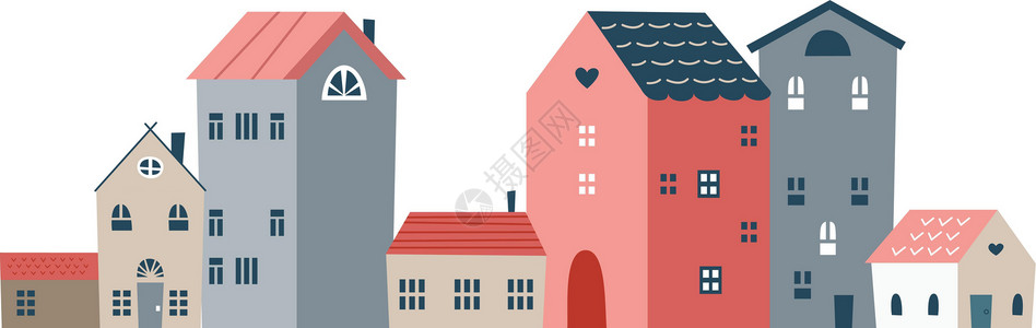 涂鸦小镇可爱的小镇街道 温馨舒适的小房子插画