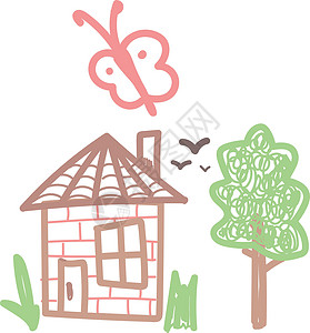 儿童涂鸦云和树儿童蜡笔绘画 夏天有树的房子设计图片