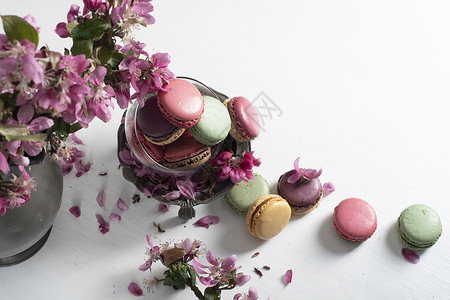 长着彩色马卡龙和粉红苹果树花的春生花朵香味杯子静物压痛糖果食物菊花小吃巧克力背景图片