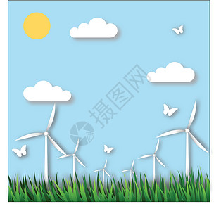 蓝色天空的草地风车背景图片