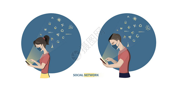 一个女孩和一个戴面具的男孩在社交网络上观看新闻背景图片