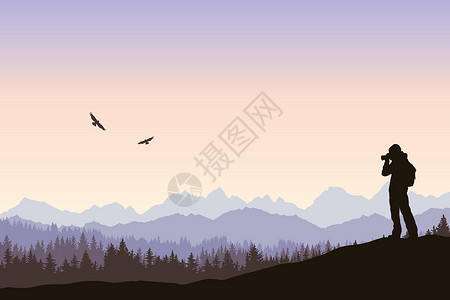 无人机全景拍摄矢量风景 日出时观鸟 一个孤独的旅行者拍摄飞鸟的剪影 户外远足 背包旅行 探索和发现 自然摄影师 山脉和森林插画