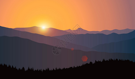 出升太阳日出时山脊和森林的矢量风貌与光天化日出时的示意 前往美丽的自然景观设计图片