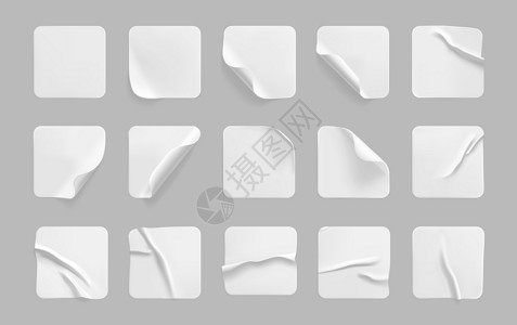 带有卷角模型的白色方形胶粘贴纸 空白白色粘性方纸或塑料贴纸标签 具有皱纹 皱纹效果 空白模板标签标记 3d 现实矢量背景图片