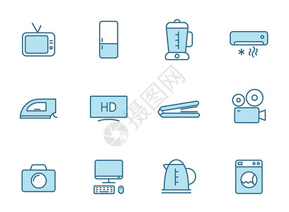 电器UI家电线矢量图标在白色背景上孤立的两种颜色 用于网页设计 ui 移动应用程序和打印的家用电器蓝色轮廓图标集插画