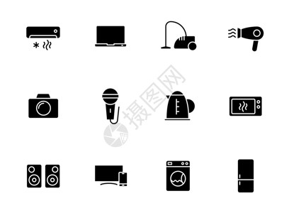电器UI家电剪影矢量图标上白色孤立 用于网络 移动应用程序 ui 设计和印刷印刷术的家用电器黑色图标集插画
