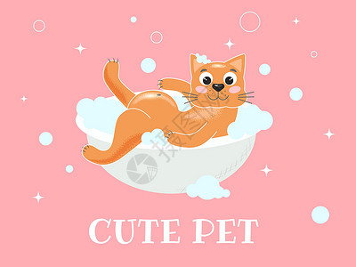 红猫躺在浴缸里 用泡沫卡通画洗澡快乐的高清图片素材
