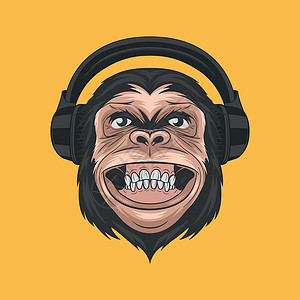 耳机LOGO带耳机的矢量手绘人猿微笑 彩色抽象壁画猴头 T恤衫印刷 海报 猴子图标 Logo I说明插画