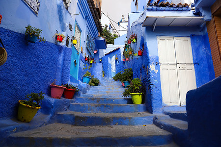 蓝色楼梯摩洛哥街 摩洛哥建筑蓝色城市文化房子建筑学遗产旅游村庄麦地背景
