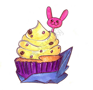 手绘纸杯蛋糕在紫色包件中加黄奶油的杯子蛋糕 装饰品以兔子的形式出现 用手画 用酒精标记水果咖啡覆盆子巧克力糕点手绘小吃美食面包盘子背景