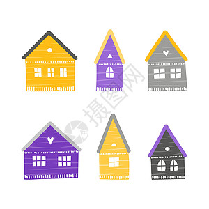 北村韩屋村一套斯堪的纳维亚式的涂鸦屋绘画紫色装饰插图卡片黄色条纹孩子们卡通片房间插画