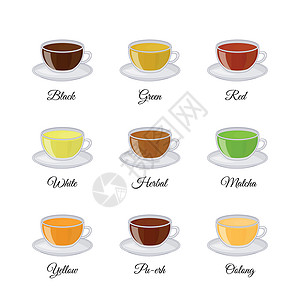 普洱老茶不同种类的茶 包括黑 绿 白 红 红 香草 乌龙插画