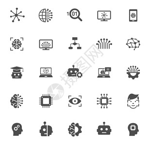 人工智能剪影矢量图标隔离在白色 网络 移动应用程序 ui 设计和打印的网络技术图标集插图电子人科学芯片用户算法界面令牌机器自动化背景图片