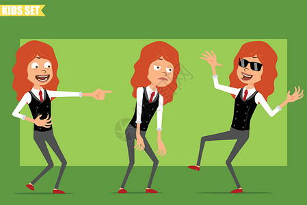女士太阳镜红发女孩女孩性格矢量集银行孩子微笑领带太阳镜派对女孩跳跃成功套装设计图片