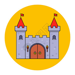 中世纪门中世纪有一座高塔的石头城堡建筑寺庙历史堡垒卡通片木头据点童话门户网站建筑学插画