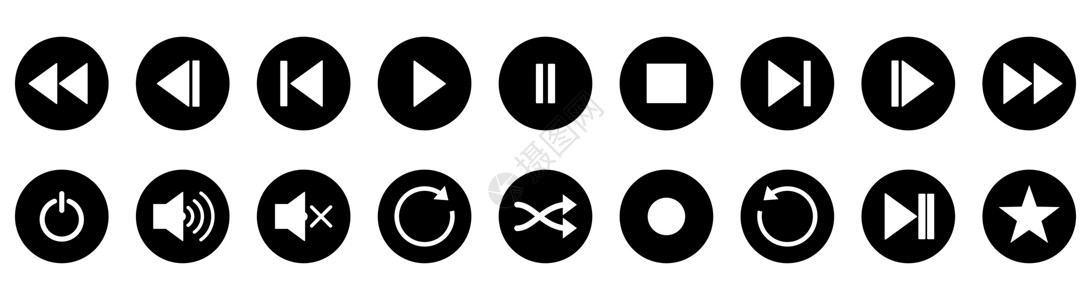 倒闸音频按钮 黑色圆环按钮 矢量播放器按钮圆圈扬声器界面电脑视频记录倒带插图白色纽扣设计图片