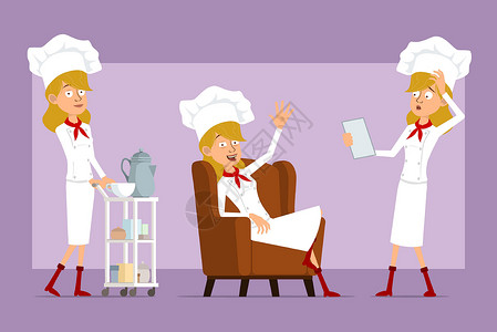 卡通平板厨师烹饪女孩性格矢量组合阅读沙发咖啡女士快乐工作微笑服务动画片休息设计图片