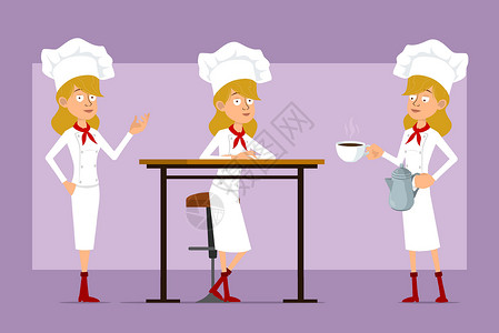 虹吸壶咖啡卡通平板厨师烹饪女孩性格矢量组合餐厅手势咖啡冒充女士女性酒店帽子动画片工作设计图片
