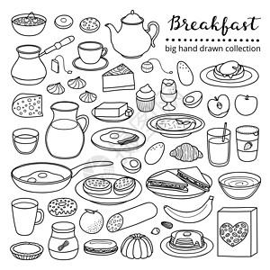 扁平画食物一套手画早餐盘手绘餐厅玻璃油炸甜点涂鸦橙子午餐谷物羊角设计图片