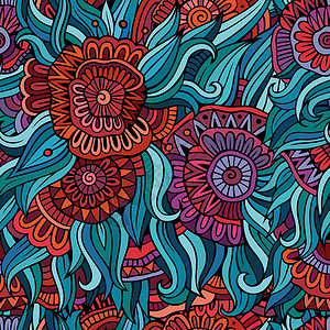 矢量无缝的抽象花花样图案风格植物卡通片花瓣植物学涂鸦装饰织物装饰品花园背景图片