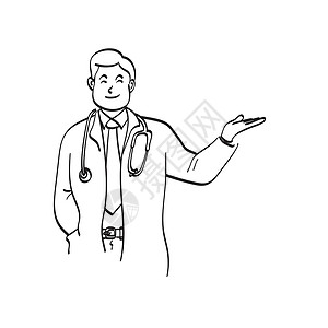 韩版服装男性医生在复制版空间插图矢量手上展示一些东西 用白色背景线艺术脱钩插画