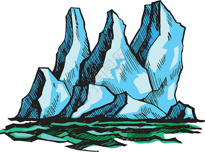 冰川之海冰山在水面之上蓝色冻结雕刻涂鸦草图冰川海洋绘画环境艺术设计图片