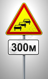 道路交通交通拥堵 金属杆上的临时警告标志 带有指示到障碍物起点的距离的板 交通规则和交通安全 矢量图插画