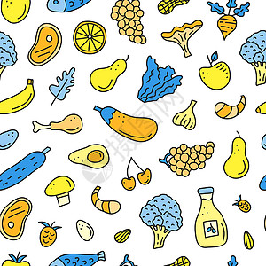 无缝模式 与面条的白马王子食物横幅蔬菜手绘水果浆果烹饪营养涂鸦美食饮食设计图片
