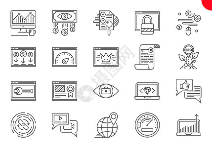 搜索引擎优化的细线图标集网站技术地球关键词网络监控商业引擎排行文件夹有机的高清图片素材