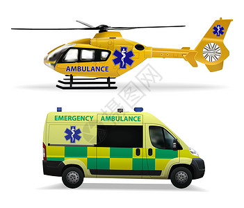 救护直升机紧急医疗运输 直升机空中救护和救护车车 白色背景的现实孤立物体 矢量图 (单位 千分之一)插画