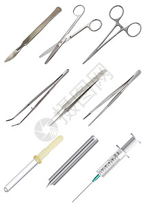 采血室一套医疗手工具 不同类型的镊子 全金属可重复使用的手术刀 带紧固件的夹子 手术剪刀 玻璃吸管 一次性注射器 采血针 孤立的对象插画