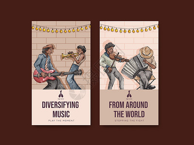 塔拉维拉瓷砖配有不同音乐的Instagram模板 关于街道概念 水彩色风格的各种音乐杂草媒体音乐家小提琴爵士乐乐队节日吉他歌曲钢琴设计图片