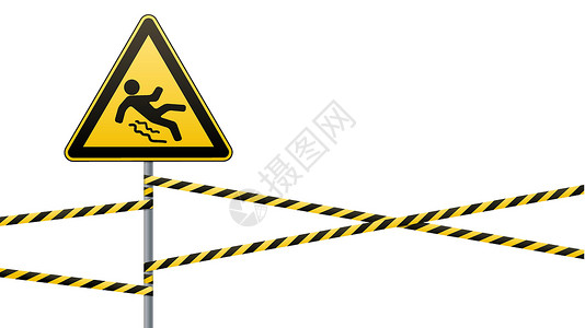 注意  危险 小心湿滑 安全标志 带有警告带的金属杆上的三角形标志 白色背景 向量男人制造业磁带丝带工业风险鱼片障碍栅栏设计背景图片